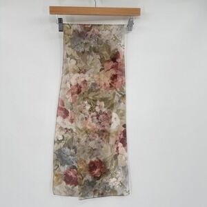 Vintage Sheer Floral Chiffon Scarf Dusty Rose Sage Green Romantic Botanical Wrap